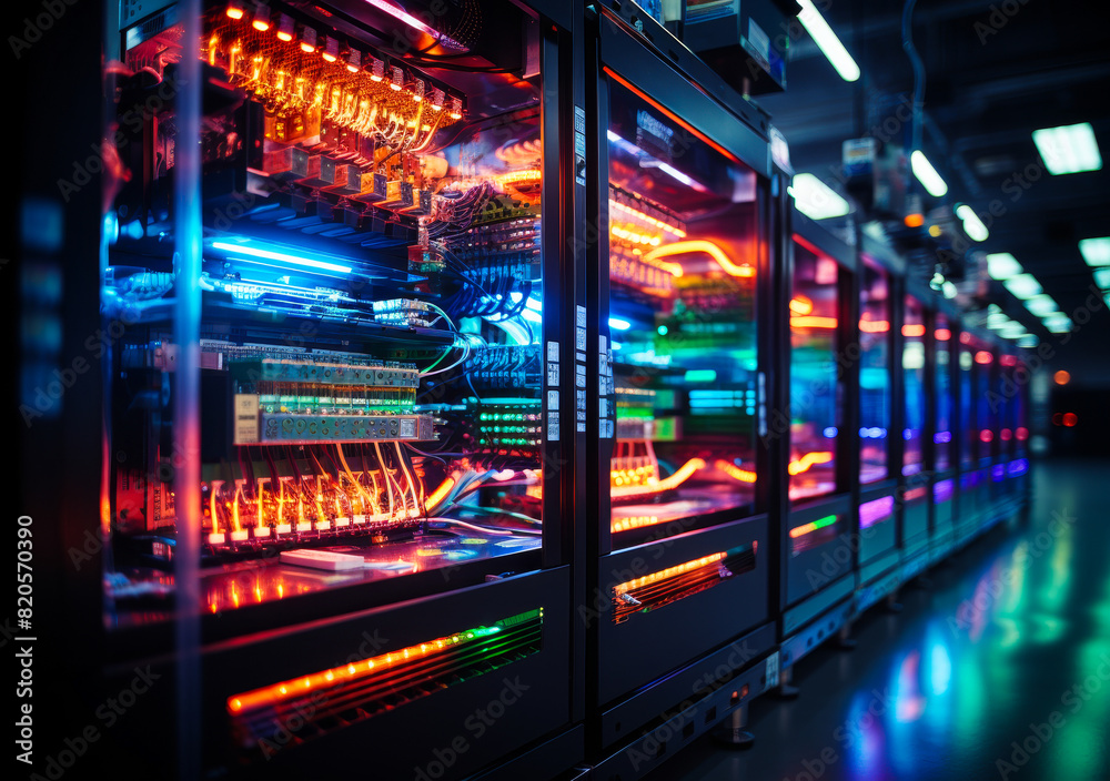 Data Center Server Racks, IoT Data Flow Visualization - Internet Traffic Digitalization, Modern Complex Electric Equipment Warehouse Data Center Server Racks, IoT Data Flow Visualization - Internet Traffic Digitalization, Modern Complex Electric Equipment Warehouse