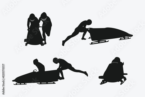 Bobsled, Bobsleigh Silhouettes set. Winter sport, competition, athlete, riding. Vector illustration.