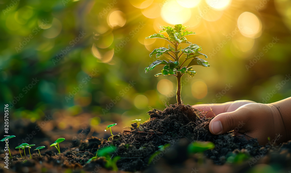 Fototapeta premium Sunshine Backdrop, Green Growing Tree, Diverse Hands Embracing Nature on Earth Day - Environmental Sustainability, Eco-Friendly Ecosystem Concept