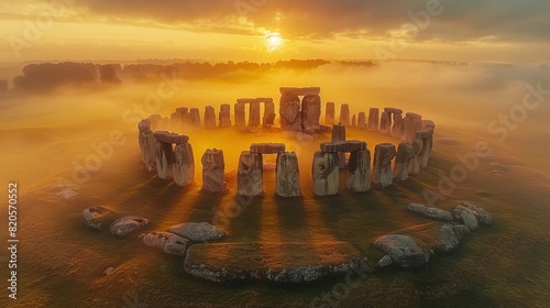 Bird's-eye perspective of Stonehenge at dawn photo
