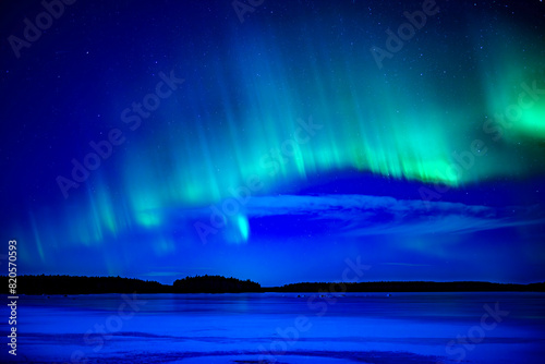 Northern lights dancing over frozen lake in Farnebofjarden national park in north of Sweden photo