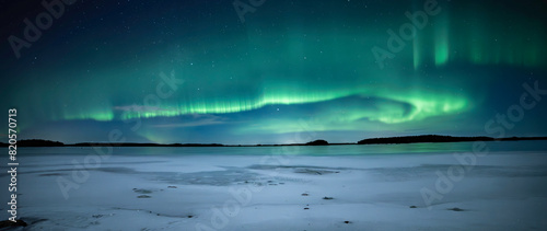 Northern lights dancing over frozen lake in Farnebofjarden national park in north of Sweden photo