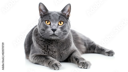 Chartreux cat with bluegrey fur, isolated on white background, sitting elegantly, copy space photo