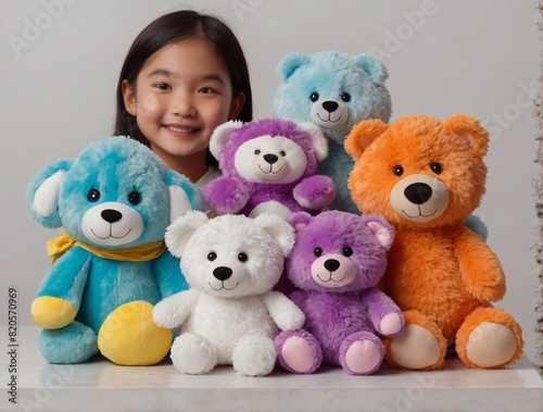 Asian little dark-haired girl surrounded by colorful soft plush children's toys in the room