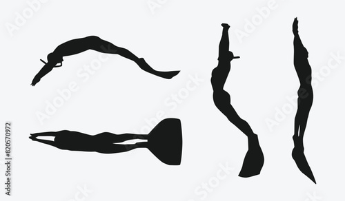 Fin swimming vector set silhouette. Different action, pose on white background. Graphic illustration.
