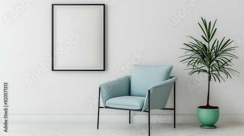 Frame mockup. Light blue chair home interior  wall poster frame. 3D render