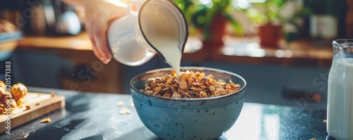 Hand pouring cereal from a stylish box into a bowl  capturing the wholesome and nutritious start to the day  ideal for a business environment