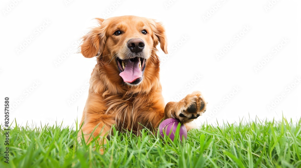 Golden Retriever playing fetch in green grass, mouth open, tongue out, isolated on white background, high key lighting