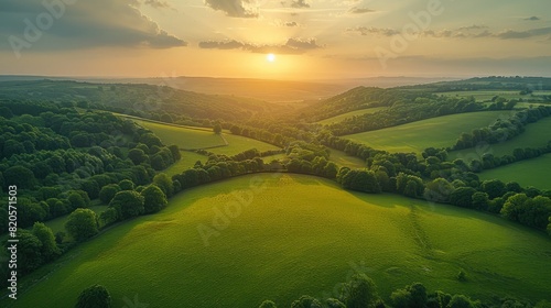 Drone image of the rolling hills and fields of the Cotswolds