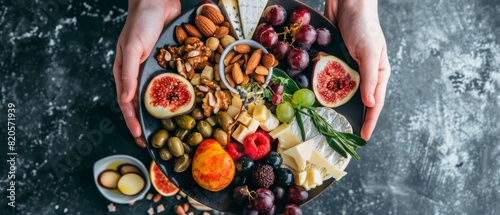 A top-view shot of a healthy and colorful platter with fruits, nuts, and cheese, held by hands against a dark background.