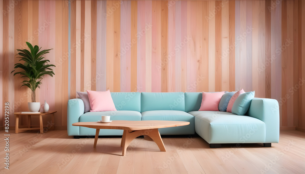 Natural wood coffee table near white corner sofa against wooden paneling wall. Minimalist interior design of modern living room. Natural wood coffee table near white corner sofa against wooden paneling wall. Minimalist interior design of modern living room.