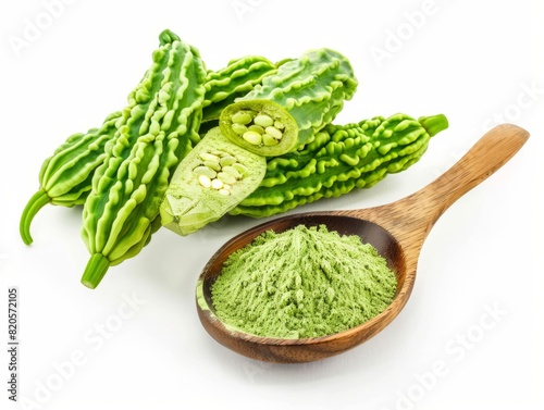 Savoring the Bitterness: Bitter Gourd and Green Herbal Powder in a Wooden Spoon