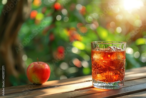 close on drink and apple on a wooden table in garden background in summer