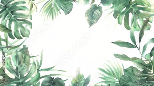 Watercolor tropical leaves frame on white background. Hand painted illustration  Watercolor hand painted frame with tropical green leaves and branches  AI Generated