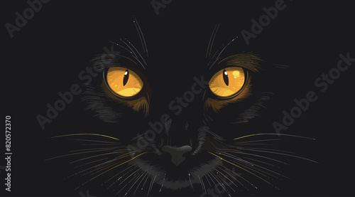 a black cat's face with glowing yellow eyes