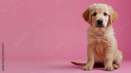 A cute golden retriever puppy sitting and looking attentively at the camera, set against a pink background. Copy space.