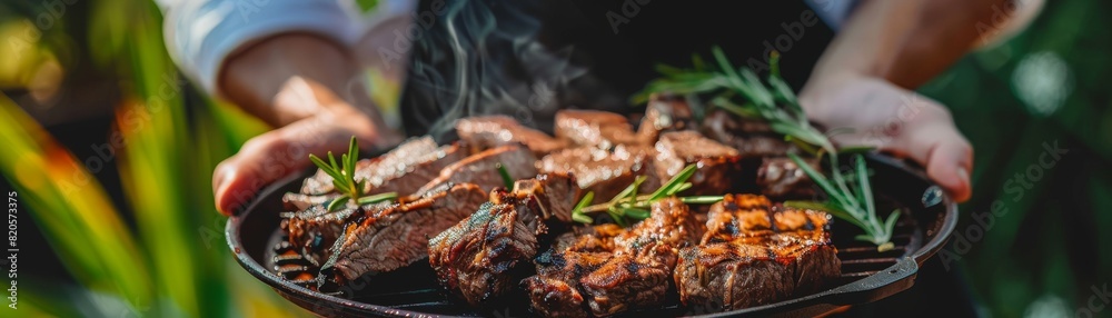 Closeup of hands presenting a serving platter with perfectly grilled steaks, sizzling and juicy, ideal for a business event or corporate gathering Closeup of hands presenting a serving platter with perfectly grilled steaks, sizzling and juicy, ideal for a business event or corporate gathering