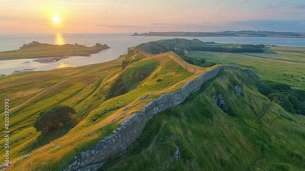 Fototapeta premium Overhead perspective of Hadrian's Wall stretching across the countryside