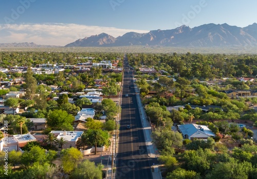 Flying over  Broadmoor-Broadway, Tucson at sunrise, Arizona, United States of America. photo