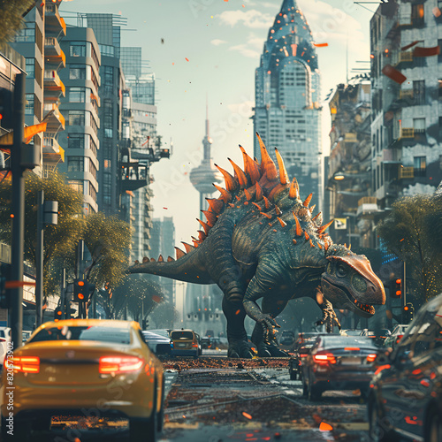 dinosaur roaming through a modern day city causing chaos wonder 