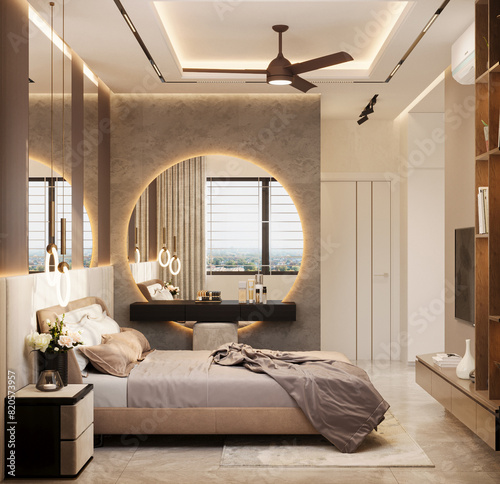 Chic bedroom with modern lighting and cozy bed  full circle mirror with rack and stool