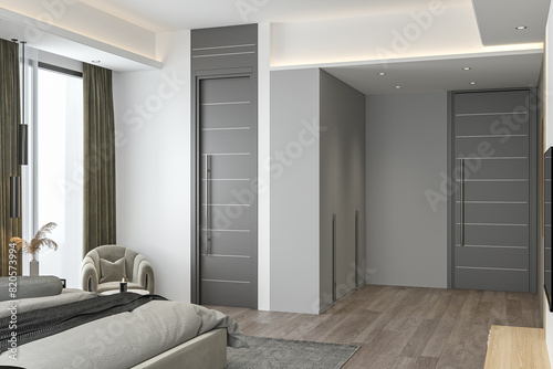 Classic grey bedroom interior with grey bed and doors and white wall paint