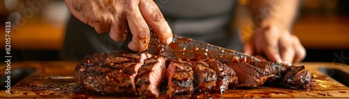 Closeup of hands slicing into a tender steak on a serving tray, juices flowing and the meat perfectly cooked, ideal for showcasing gourmet business dining