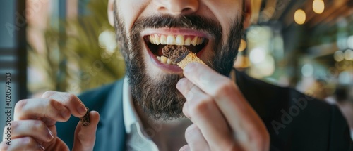 Closeup of a businessperson savoring a plantbased protein product  hands and mouth highlighted  emphasizing the benefits of protein tracking