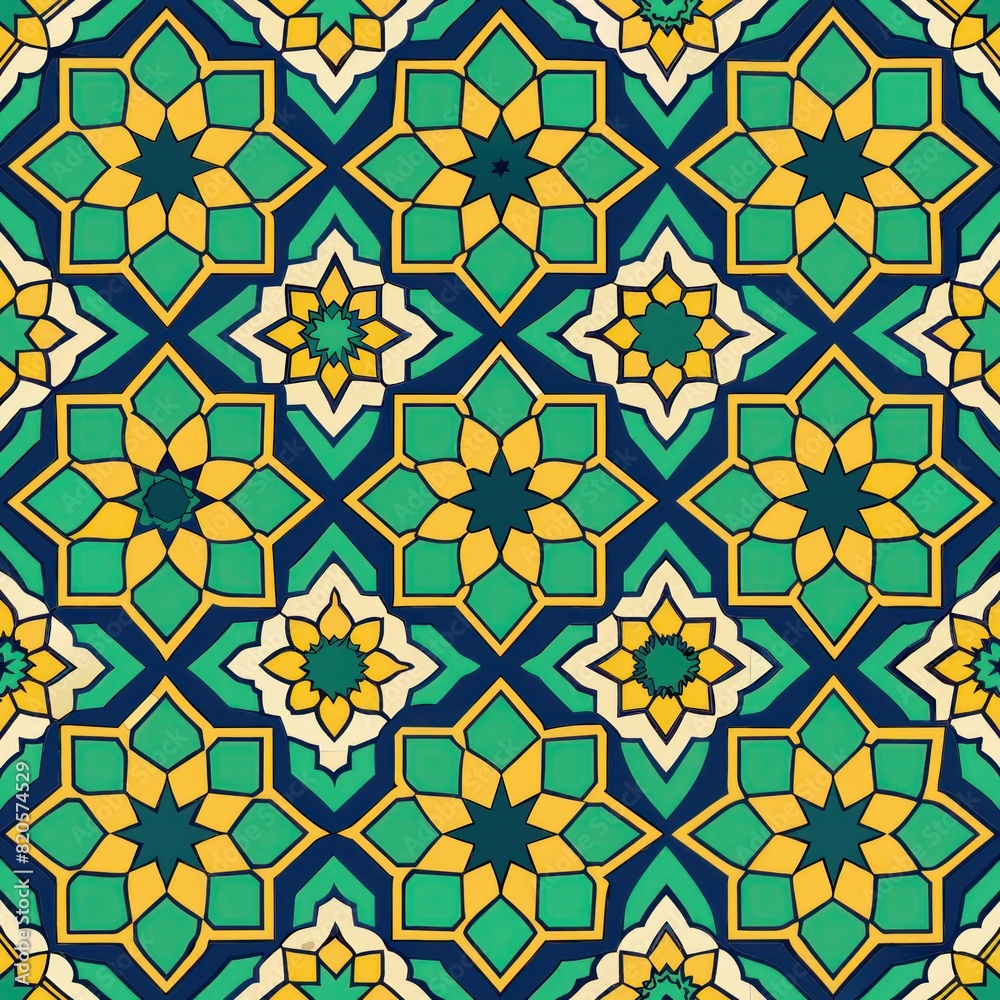 Seamless pattern of mosaic quatrefoils and rosettes, reminiscent of traditional tilework and stained glass windows, Generative AI Seamless pattern of mosaic quatrefoils and rosettes, reminiscent of traditional tilework and stained glass windows, Generative AI
