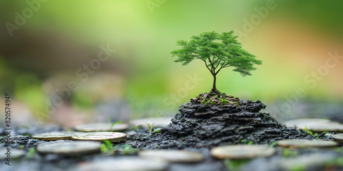 ESG concept of environmental, social, and governance. A small tree on stack coins, plant growing in the ground