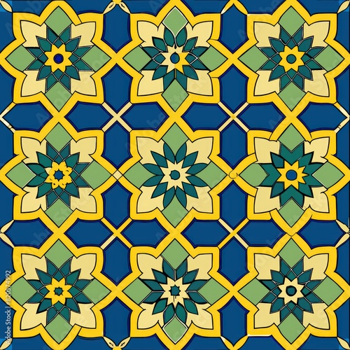 Seamless pattern of mosaic quatrefoils and rosettes, reminiscent of traditional tilework and stained glass windows, Generative AI