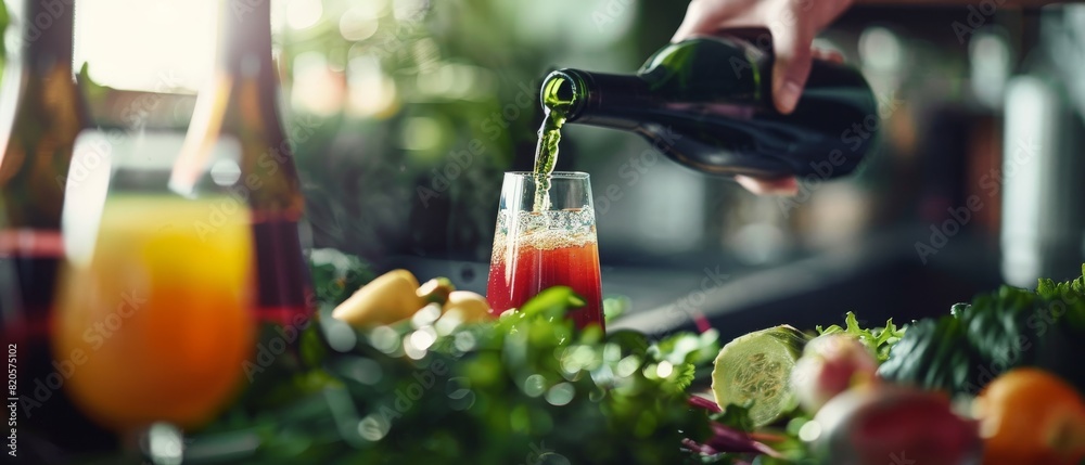 Hand pouring vegetable juice from a stylish bottle into a glass, capturing the fresh and vibrant drink, ideal for a business setting Hand pouring vegetable juice from a stylish bottle into a glass, capturing the fresh and vibrant drink, ideal for a business setting
