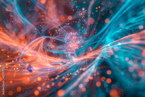 An abstract digital artwork featuring swirling patterns and luminous dots  quantum realms in vivid blue and orange hues.