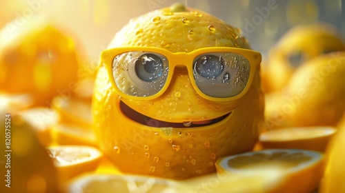 Cheerful lemon cartoon on vaccation with headpones photo