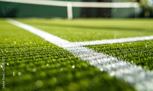 A closeup of the lines on an artificial grass tennis court