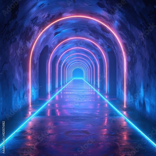 A blue neon tunnel with symmetrical glowing lines leads forward, creating an atmosphere of mystery and futuristic technology. The tunnel walls have smooth curves, futuristic digital art style.