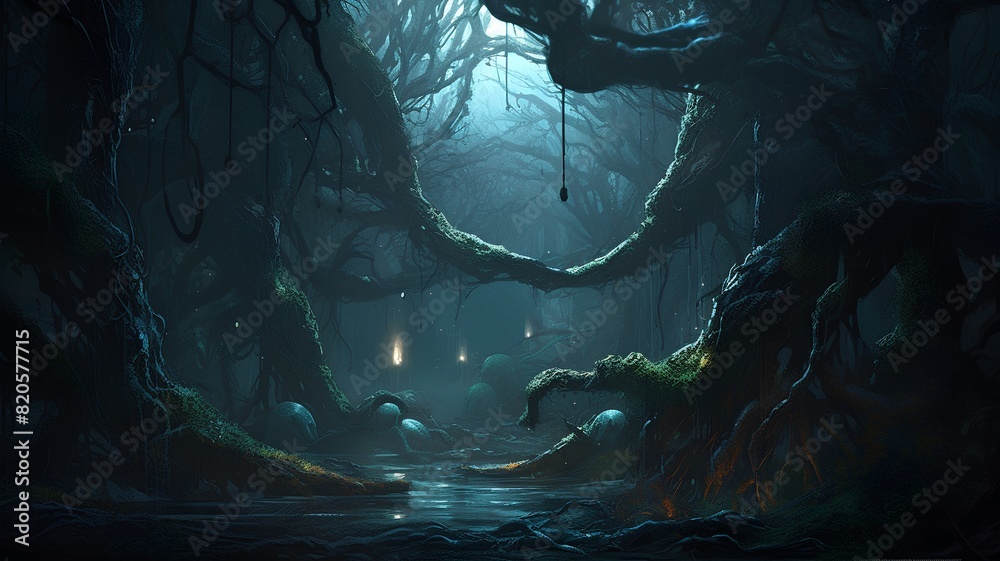 Mysterious dark forest. 3D rendering. Fantasy forest.