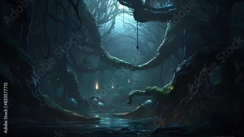 Mysterious dark forest. 3D rendering. Fantasy forest.