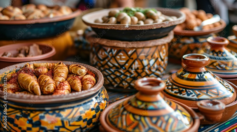 Algerian pottery food displayed on table concept algerian tradition