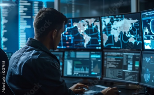 Man monitors multiple computer screens displaying cyber security data advanced persistent threat