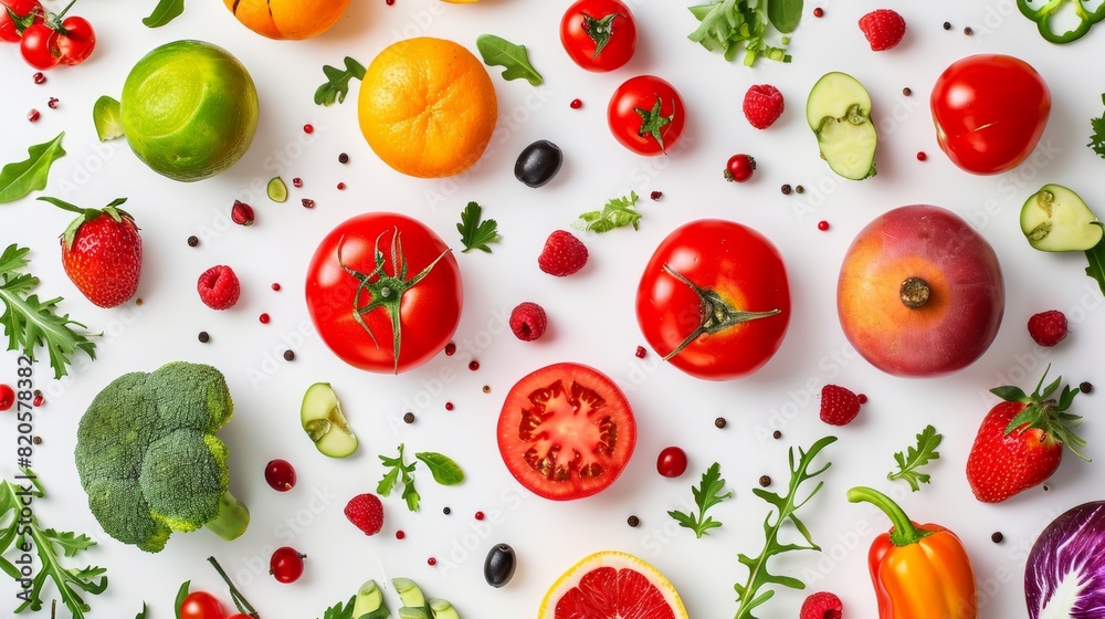 Top view Assortment of bright organic fresh fruits and vegetables on the white wooden table. Healthy eating, diet, detox background Top view Assortment of bright organic fresh fruits and vegetables on the white wooden table. Healthy eating, diet, detox background
