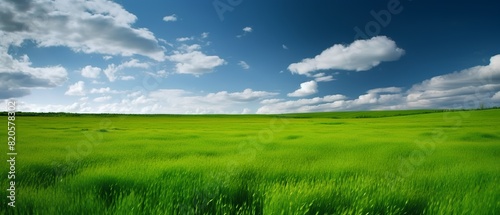 Green field under blue sky with white clouds. Nature composition. 3d render