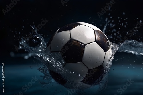 Soccer ball in water with splash and drops of water on dark background