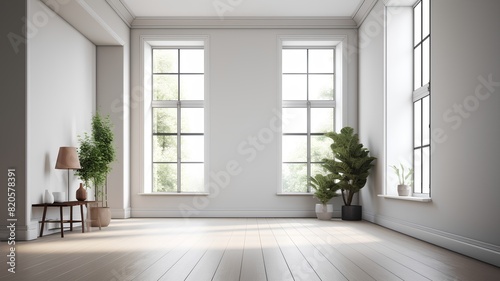 Interior of modern bright room with white walls  wooden floor  window and plant. 3d rendering