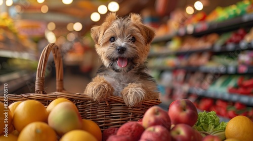 Modern illustration of wish you happy slogan with cute puppy in grocery basket photo