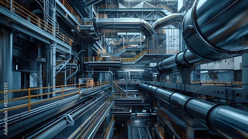 Advanced manufacturing facility using AI and renewable energy, with a focus on environmental health and safety measures. 3D, Printing, Illustrat, AI.
