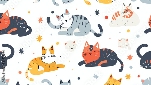 Seamless pattern with cute funny cats playing and sleep