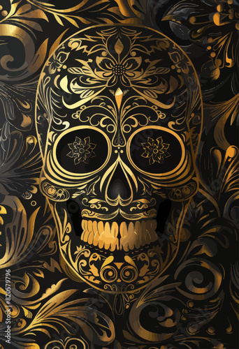 a gold and black sugar skull on a black background