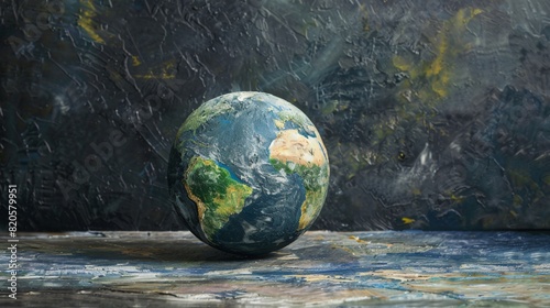 A blue and green globe on a painted surface with a dark background.
