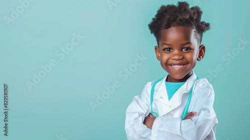 A cute happy smiling African American boy dresses like a doctor wearing stethoscope and lab coat on a plain blue background with copy space for text.